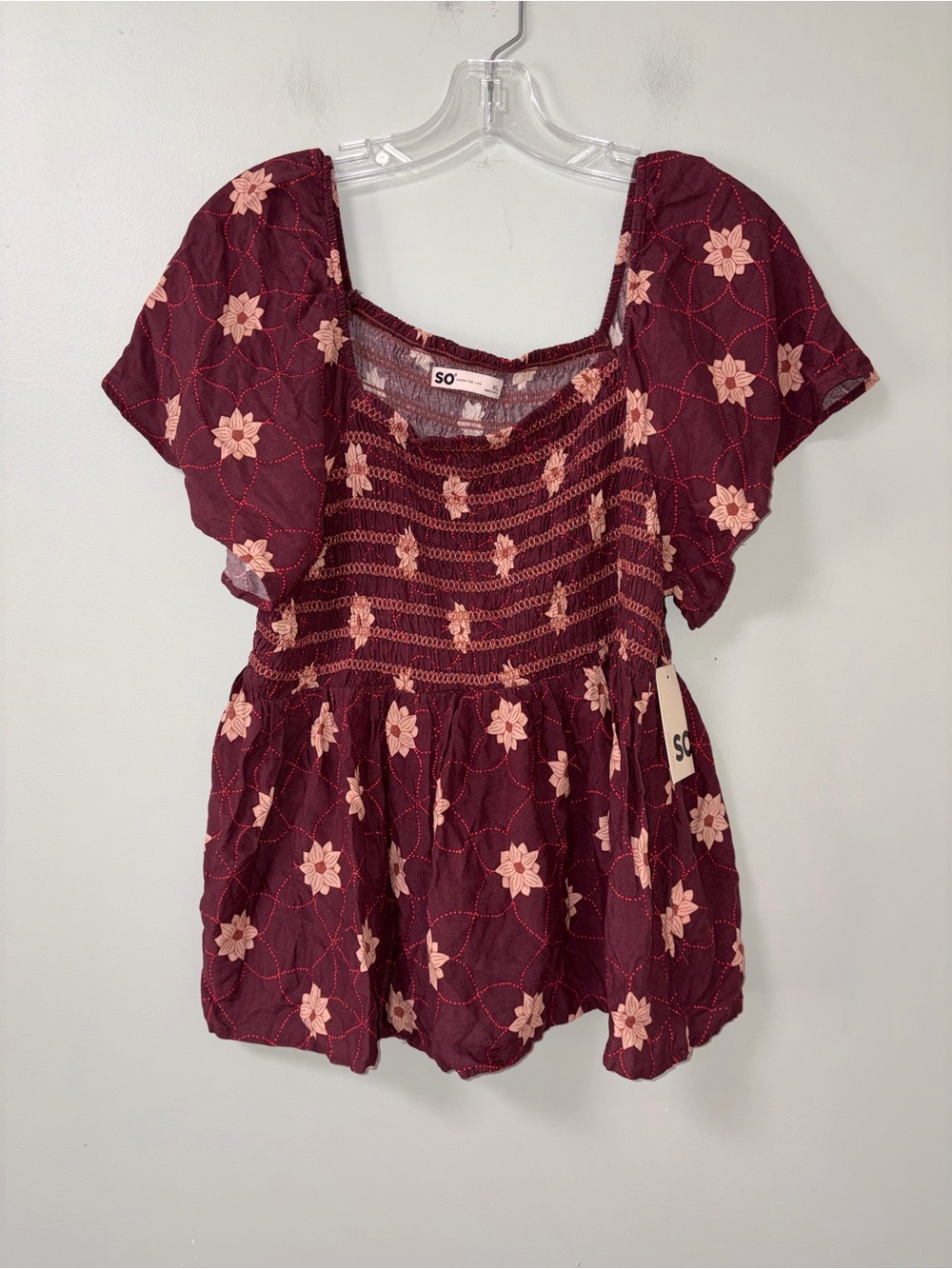 SO Burgundy Floral Smocked Peasant Flowy Blouse NWT Jrs XL Boho